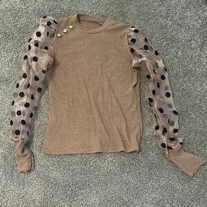 Elegant Tan Top with Sheer Polka Dot Sleeves